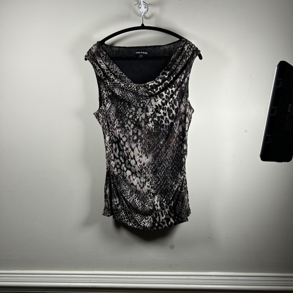 Cable & Gauge Tank Top Womens XL Gray Animal Print Y2K Cowl Neck  office blouse
